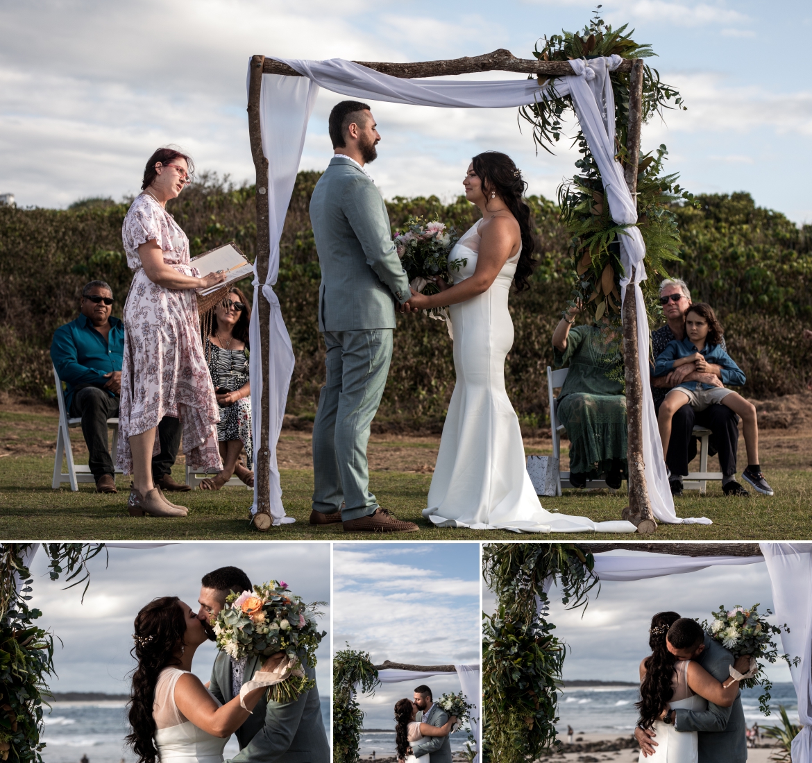 bride and groom share their first kiss  at cabrita beach nsw