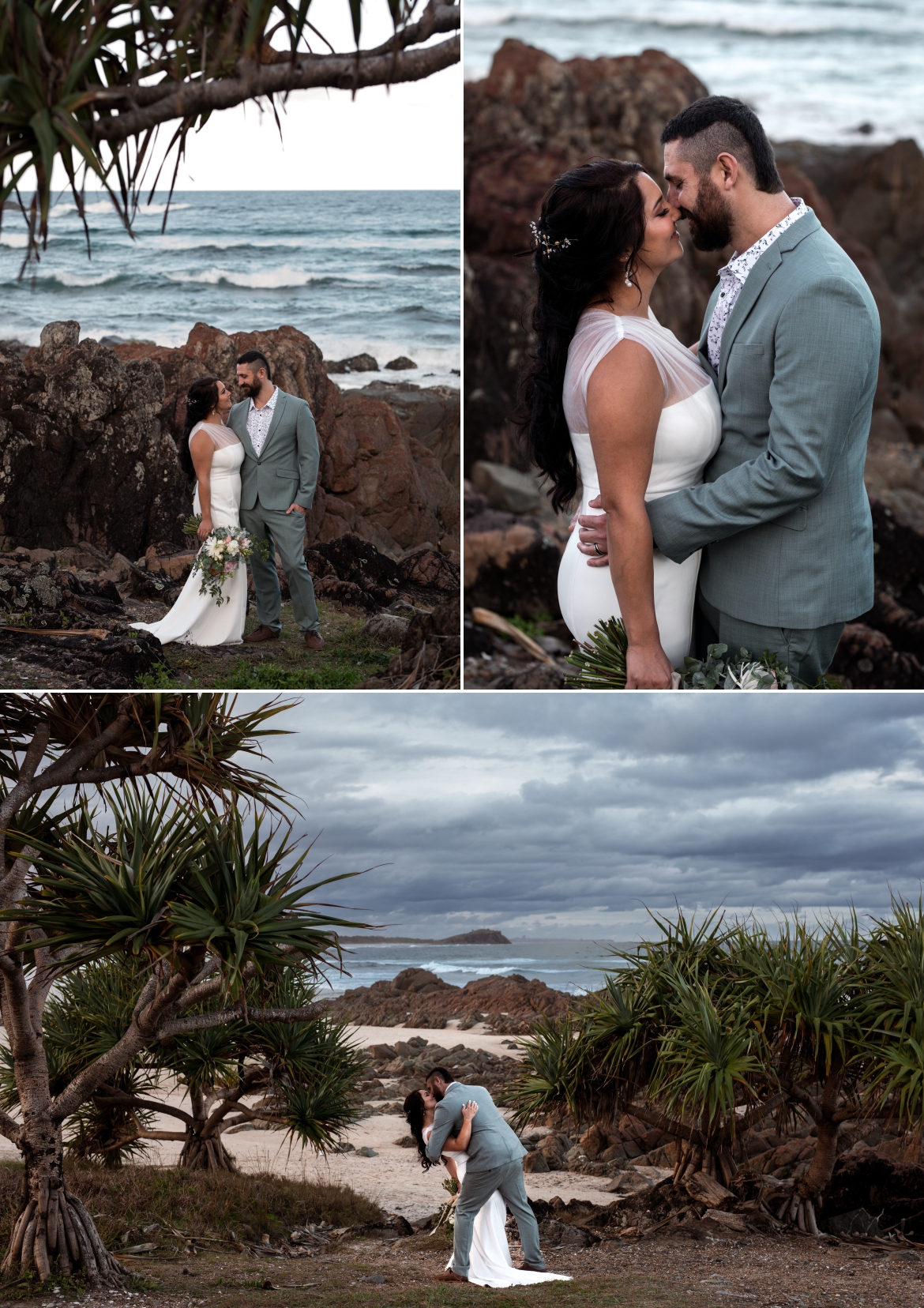bride and groom couple photos kissing  at cabrita beach nsw