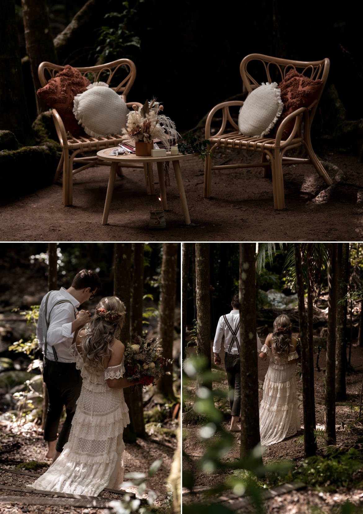 Crystal creek rainforest retreat elopement rattan signing table and chairs with the bride and groom walking towards the fig tree with bohoelope