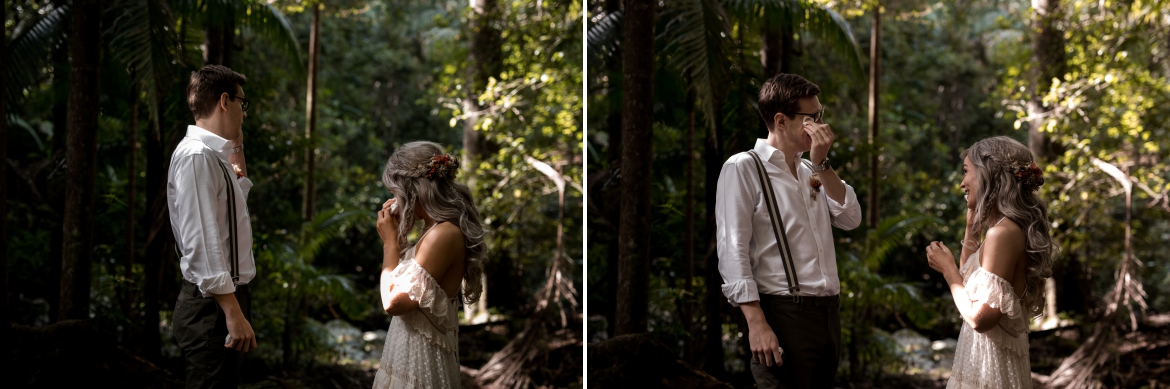Crystal creek rainforest retreat elopement bride and groom crying during the ceremony with bohoelope