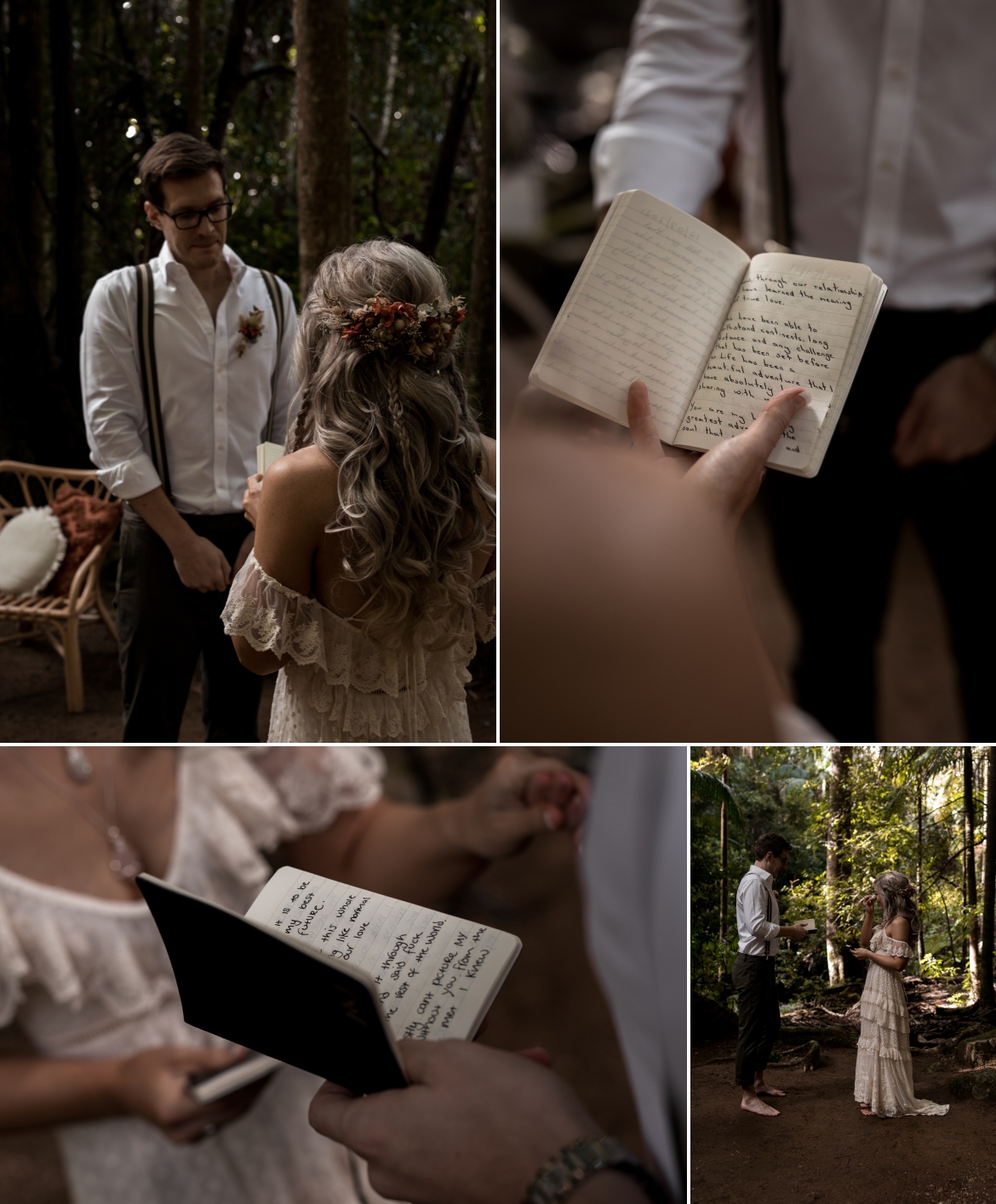 the bride and groom reading their own vows to each other beneath the fig tree with bohoelope