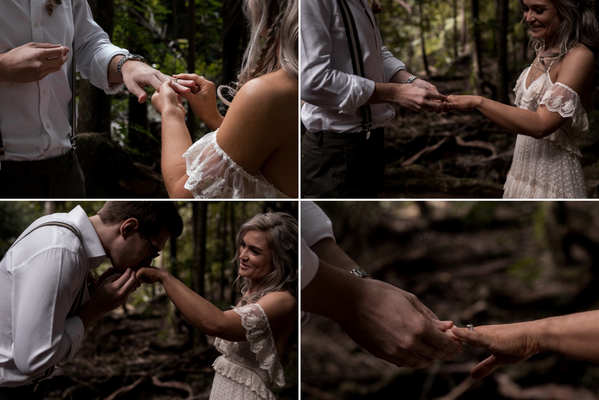 The bride and groom exchanging wedding rings at Crystal creek rainforest retreat elopement with bohoelope