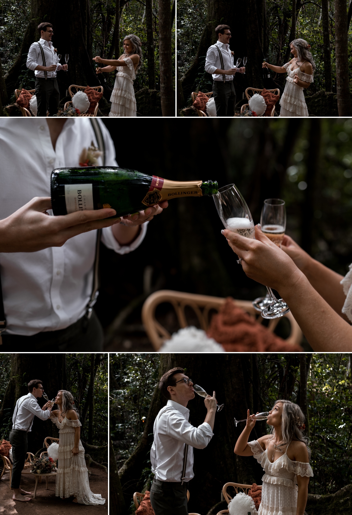The happy couple sharing a glass of champagne beneath the fig tree at Crystal creek rainforest retreat elopement with bohoelope 