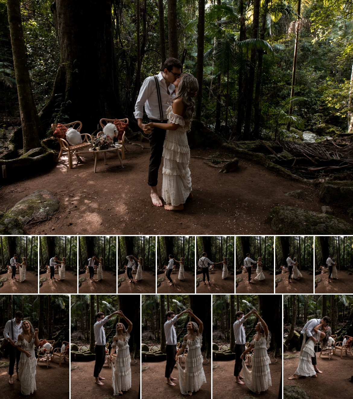 First dance beneath the fig tree at Crystal creek rainforest retreat elopement with bohoelope