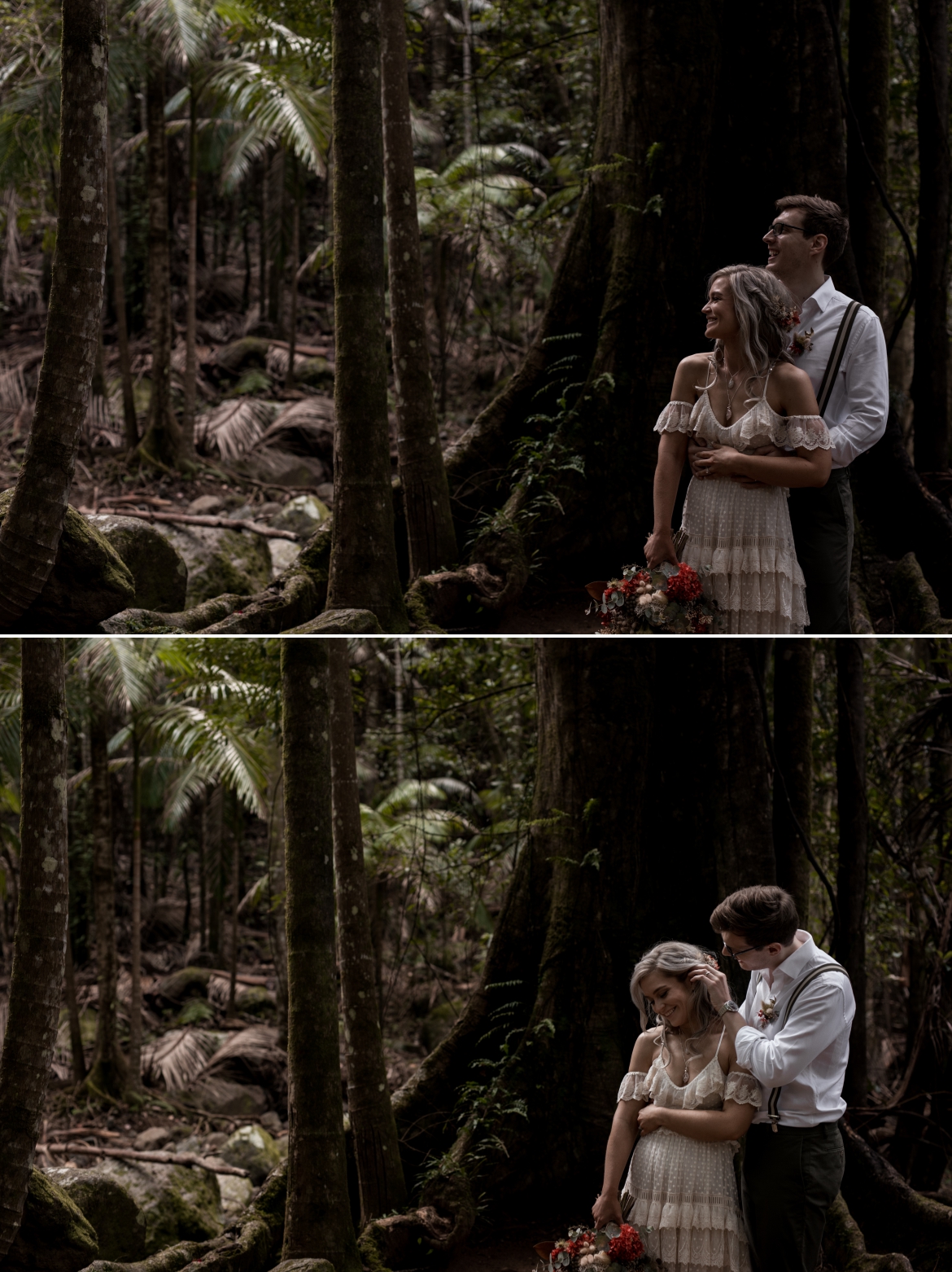 the wedding couple standing beneath the fig tree at Crystal creek rainforest retreat elopement with bohoelope