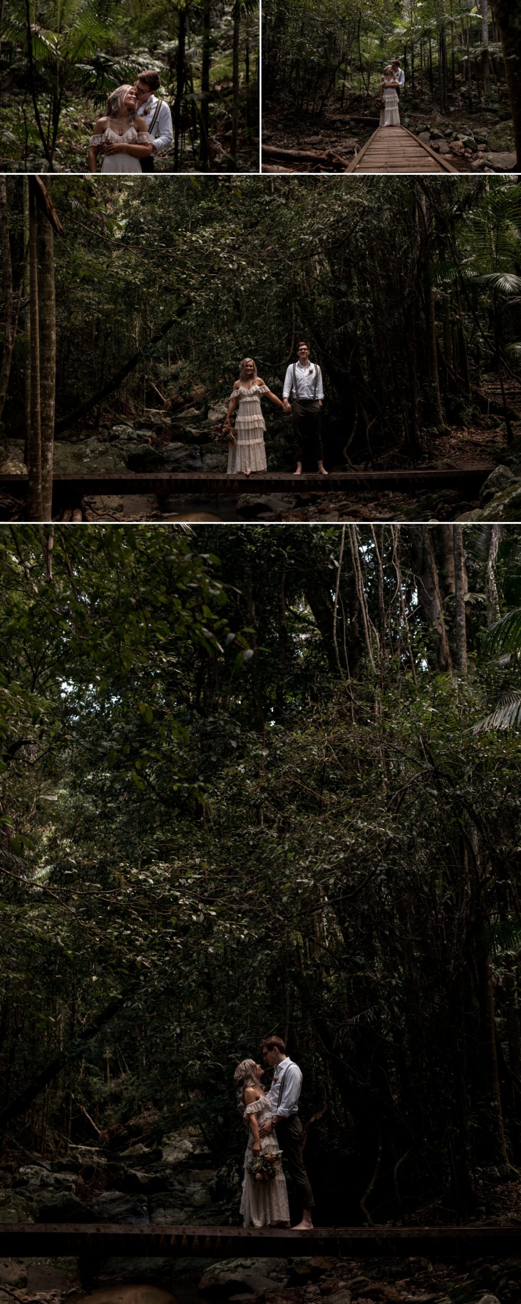 the bride and groom standing on a foot bridge at Crystal creek rainforest retreat elopement with bohoelope