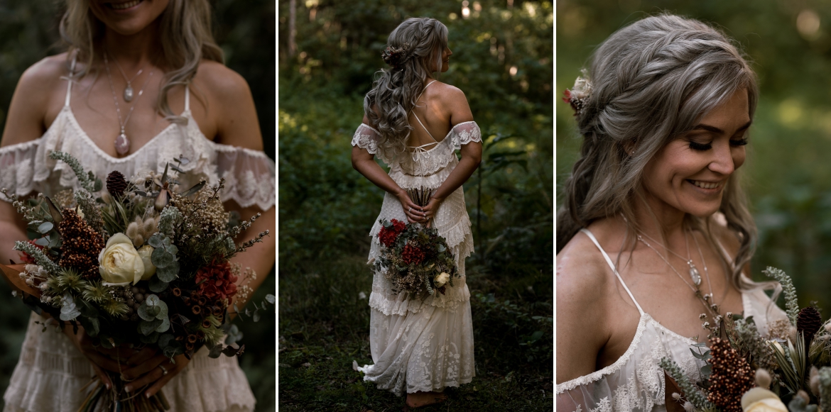 The bride standing with her  wedding bouquet and wedding hair and makeup at Crystal creek rainforest retreat elopement with bohoelope