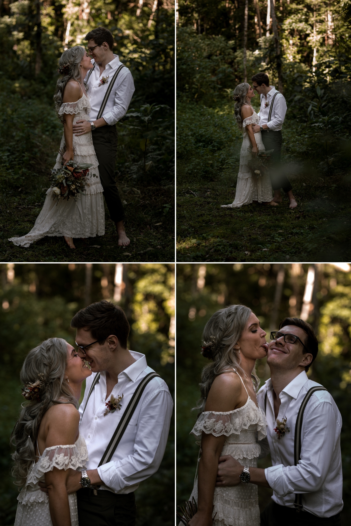 The bride and groom all loved up together standing in the rainforest sharing a kiss at Crystal creek rainforest retreat elopement with bohoelope
