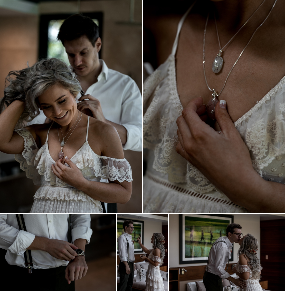 Crystal creek rainforest retreat elopement bride putting on a necklace and the groom wearing a watch with bohoelope
