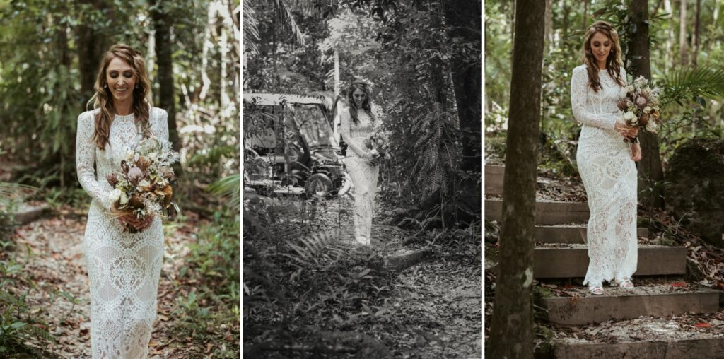 The bride walks the rainforest trail to reach her groom at the ceremony spot at the fig tree at crystal creek rainforest retreat. CCRR