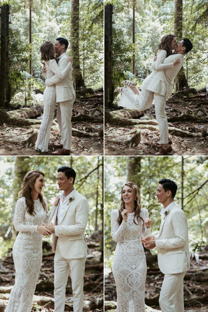 Joyful photos of the happy couple as they say I do and the official kiss at crystal creek rainforest retreat. CCRR