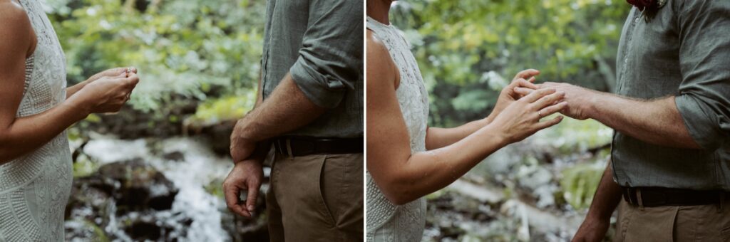 A rainy and wet bride and groom exchange rings ceremony in the rainforest at Crystal creek rainforest retreat, NSW. CCRR