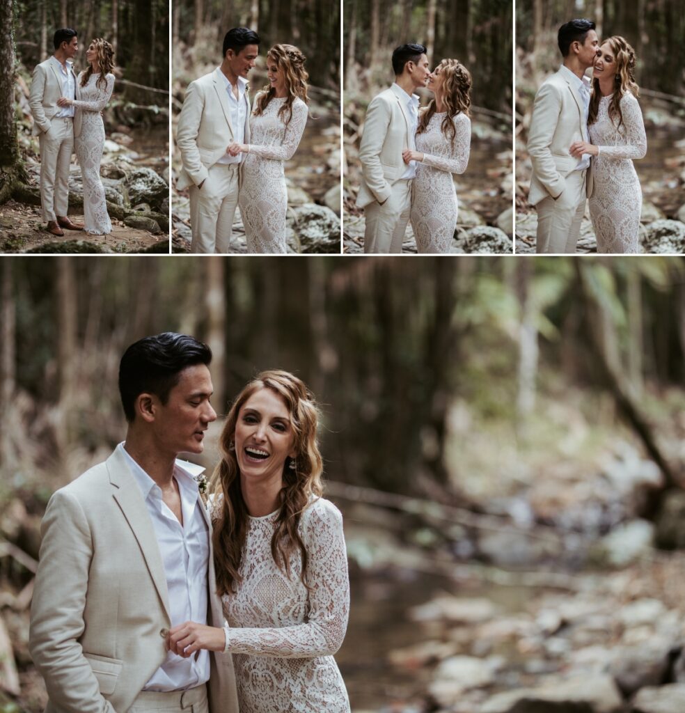 A fun moment after the ceremony as the couple share a laugh by the creek side at crystal creek rainforest retreat. CCRR