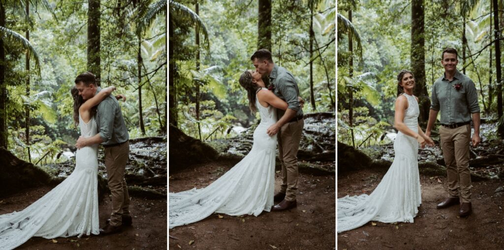 A rainy and wet bride and groom share their ceremony kiss in the rainforest at Crystal creek rainforest retreat, NSW. CCRR