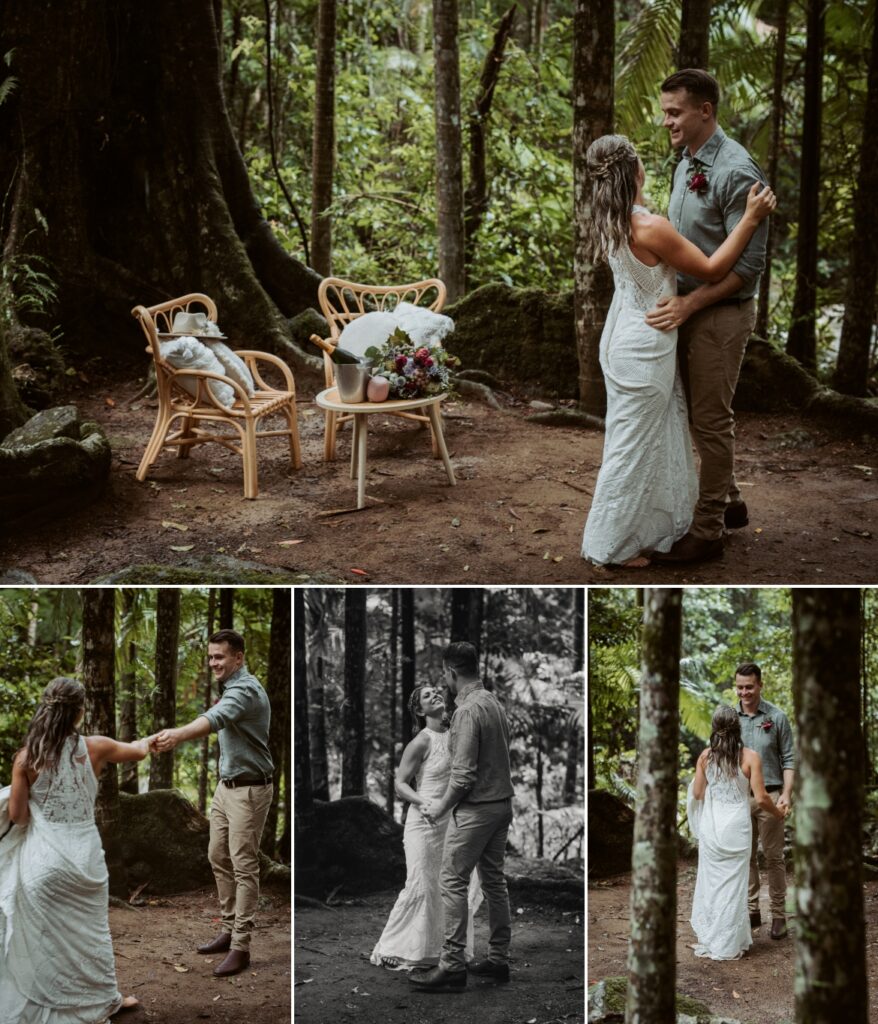 A rainy and wet bride and groom dancing in the rain beneath the fig tree in the rainforest at Crystal creek rainforest retreat, NSW. CCRR