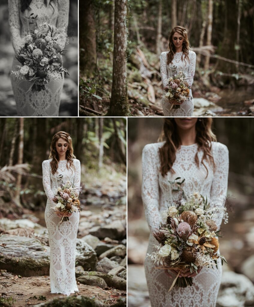 Portraits and detail photos of the bride holding her wedding bouquet, wearing a stunning fitted lace gown in the rainforest at crystal creek rainforest retreat. CCRR