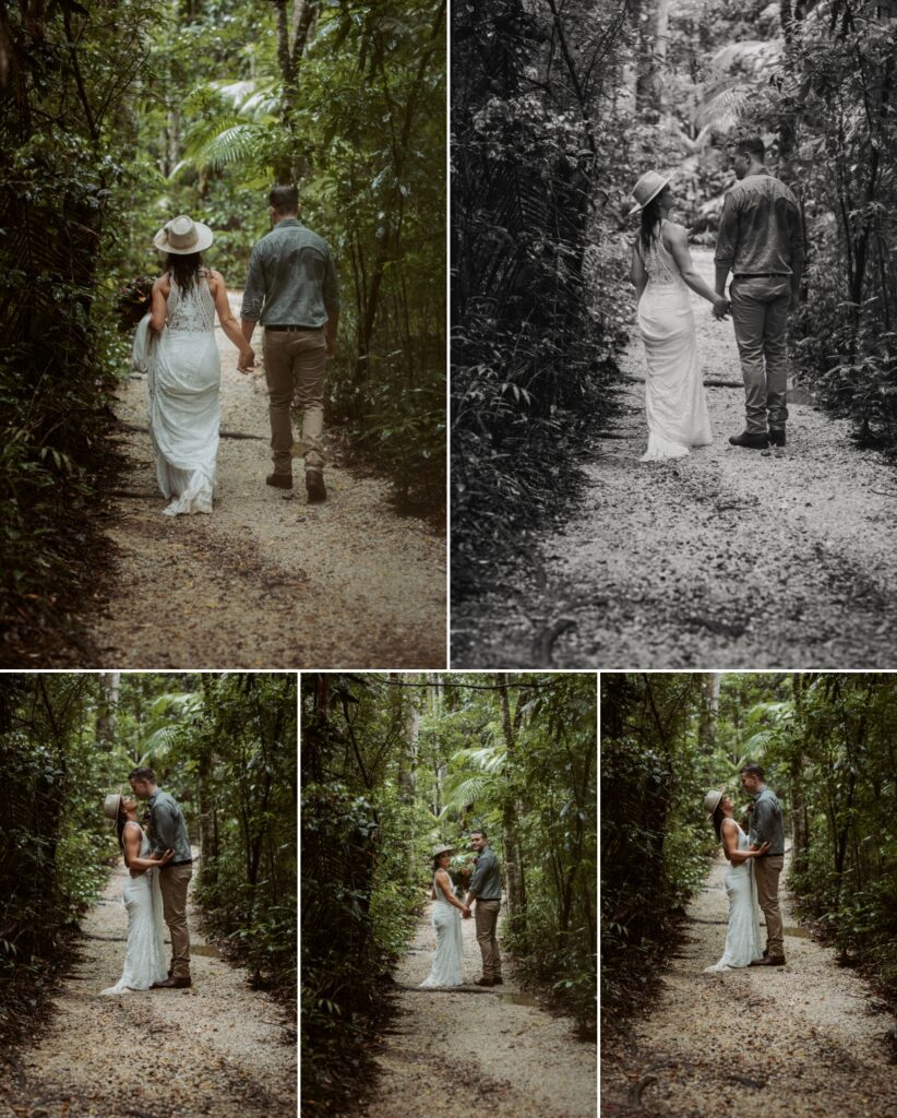 A rainy and wet bride and groom during their portrait session after the ceremony in the rainforest at Crystal creek rainforest retreat, NSW. CCRR