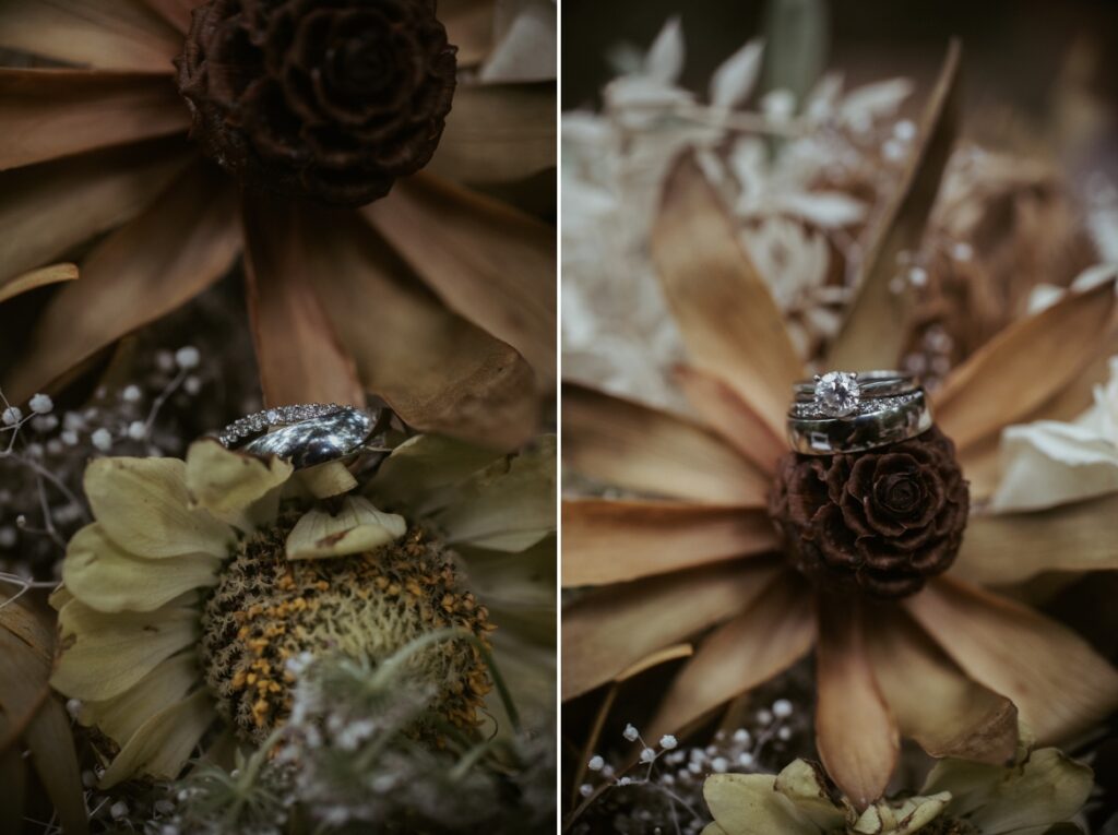 Close up detail photos of the wedding rings in the wedding bouquet at crystal creek rainforest retreat. CCRR