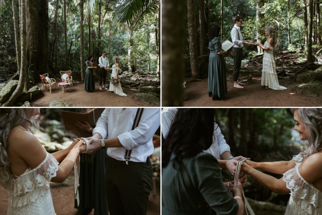 The celebrant conducts a hand fasting ceremony for the couple while standing beneath the fig tree at crystal creek rainforest retreat (CCRR)
