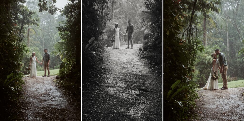 A rainy and wet bride and groom during their portrait session after the ceremony in the rainforest at Crystal creek rainforest retreat, NSW. CCRR