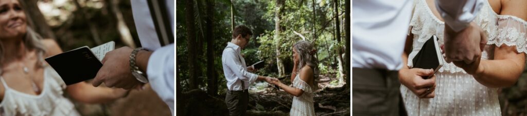 The bride and groom saying their hand written vows from booklets at crystal creek rainforest retreat. CCRR