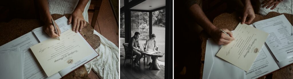 The couple signing their marriage certificate due to rainy weather at Crystal creek rainforest retreat, NSW. CCRR