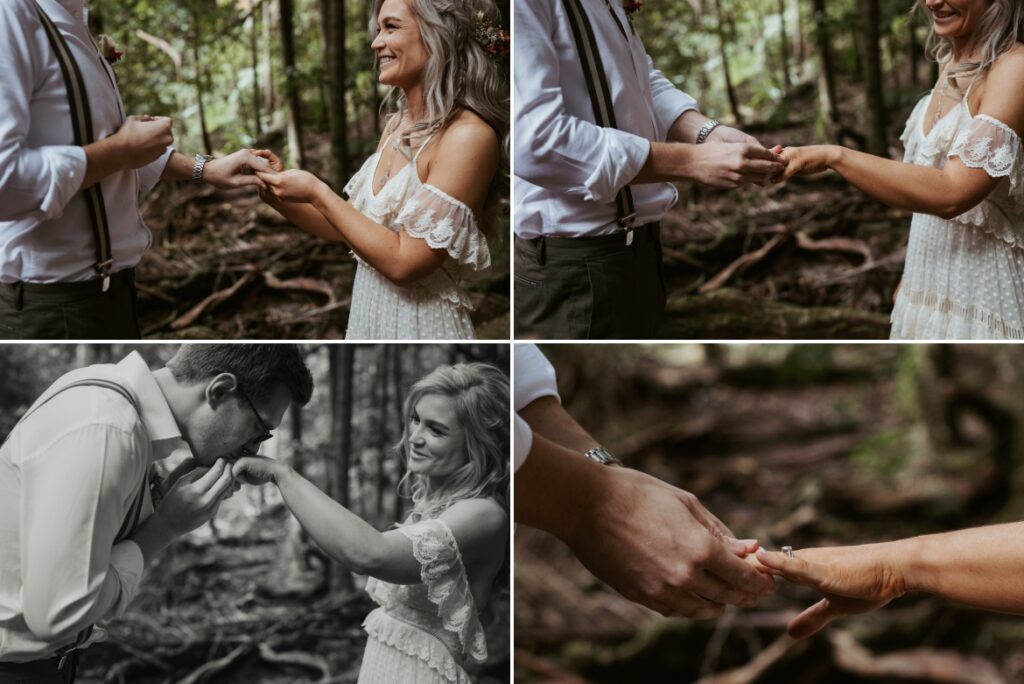 The bride and groom exchange wedding rings at crystal creek rainforest retreat. CCRR