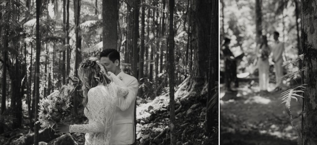 The groom walking his bride along the end of the trail to their wedding ceremony at crystal creek rainforest retreat. CCRR