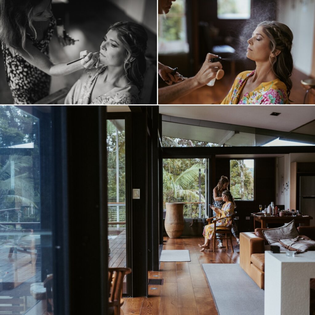 The bride having her hair and makeup done in the springbrook mountain view lodge at Crystal creek rainforest retreat, nsw. CCRR