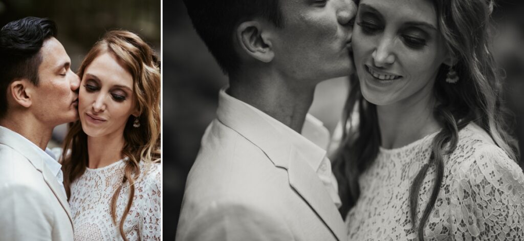 Close up of the groom kiss the brides cheek in a romantic moment at crystal creek rainforest retreat. CCRR