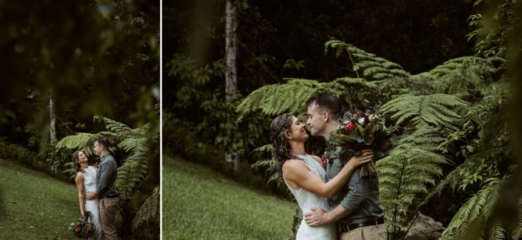 A romantic rainy day moment between the couple who share a kiss's and smiles at Crystal creek rainforest retreat, NSW. CCRR