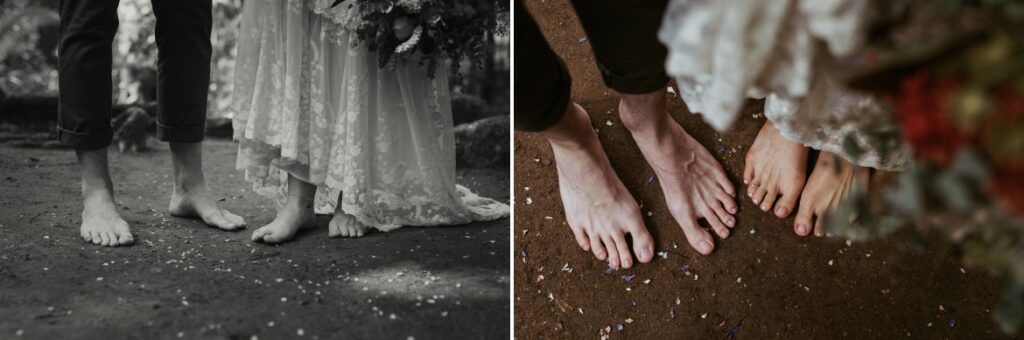 Detail photos of the couples feet during the ceremony at crystal creek rainforest retreat. CCRR
