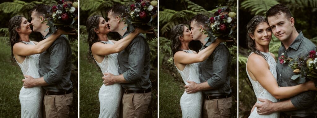 A romantic rainy day moment between the couple who share a kiss's and smiles at Crystal creek rainforest retreat, NSW. CCRR