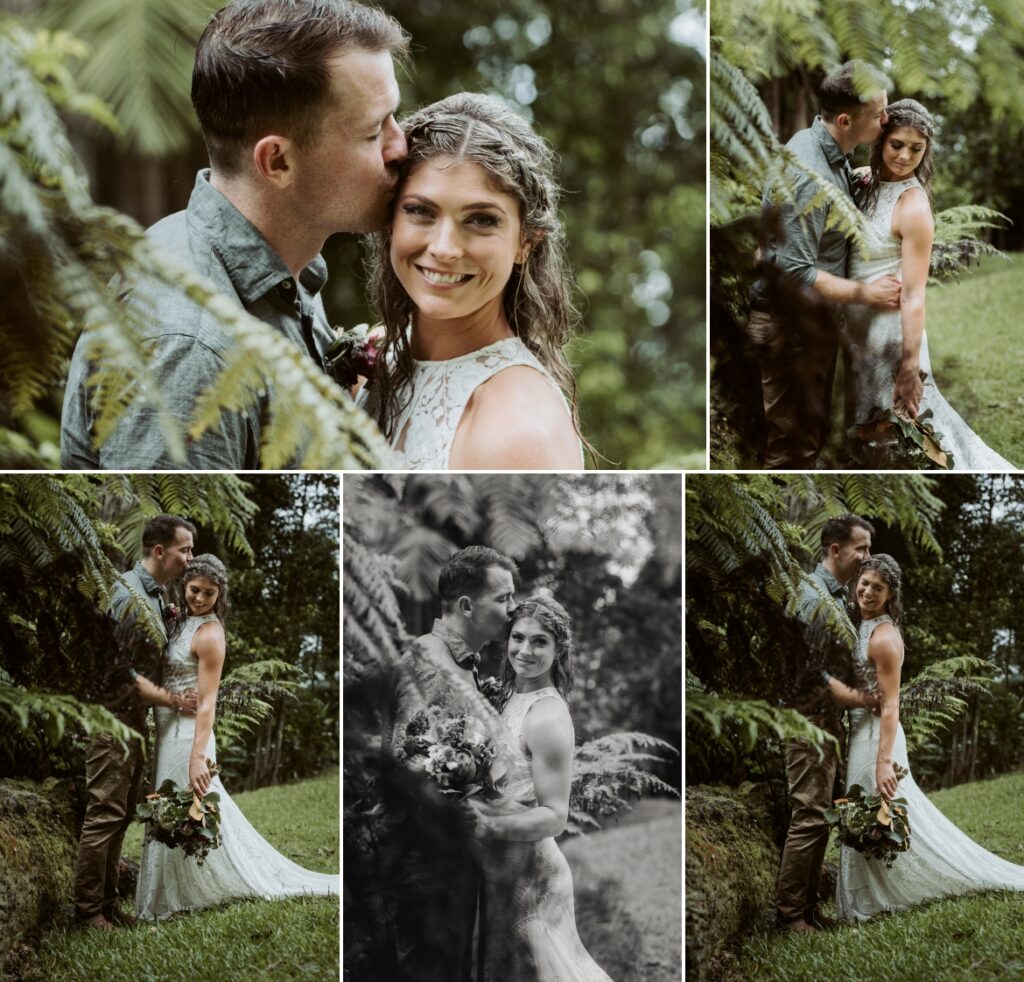 The bride and groom walking around the grounds s of the springbrook mountain view lodge at Crystal creek rainforest retreat, NSW. CCRR