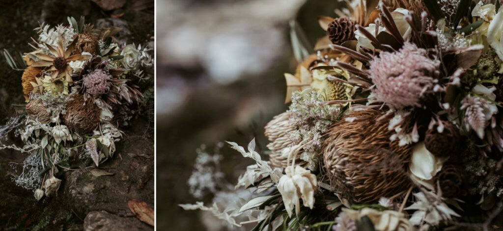 close up detail photo of the brides rustic pastel bouquet at crystal creek rainforest retreat. CCRR