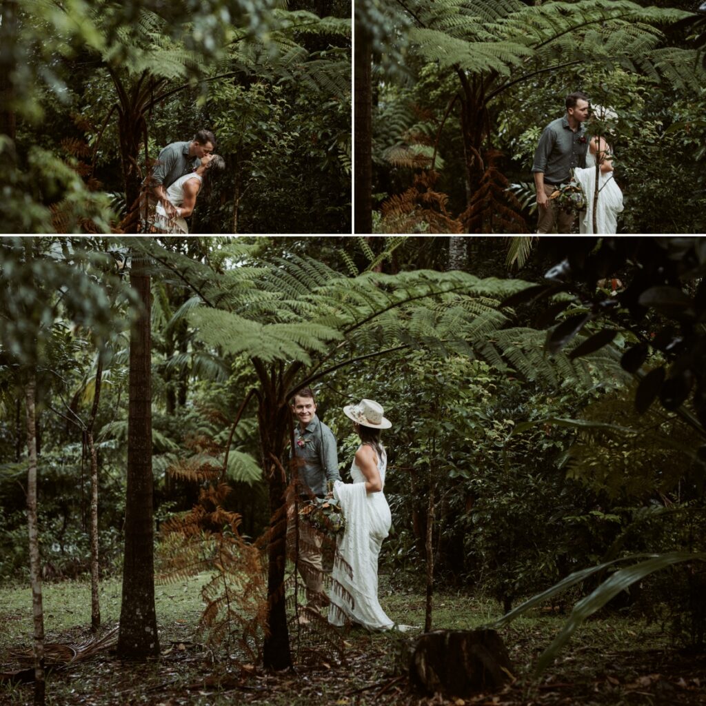 The bride and groom walking around the grounds s of the springbrook mountain view lodge at Crystal creek rainforest retreat, NSW. CCRR