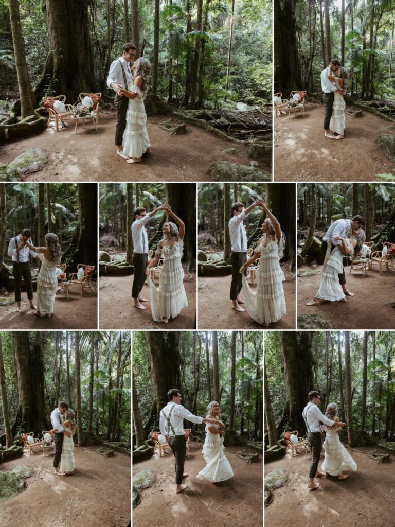 The bride and groom's wedding dance after the ceremony beneath the fig tree at crystal creek rain forest retreat. CCRR