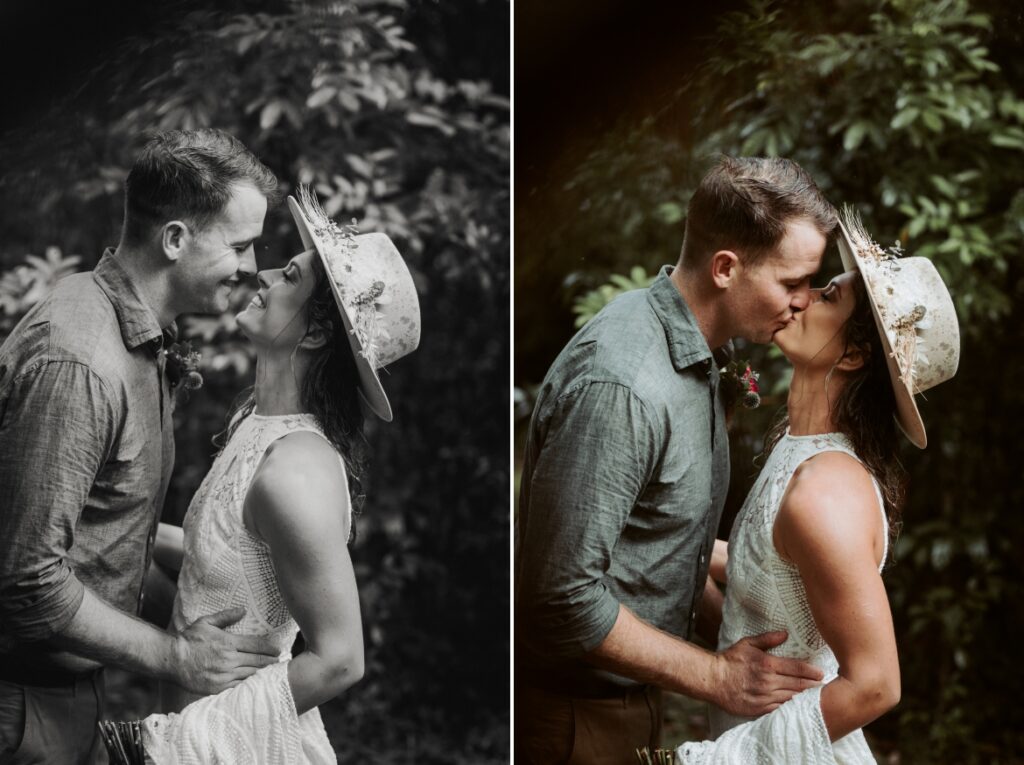 A romantic moment between the couple who share a kiss while the bride wears her wedding hat at Crystal creek rainforest retreat, NSW. CCRR