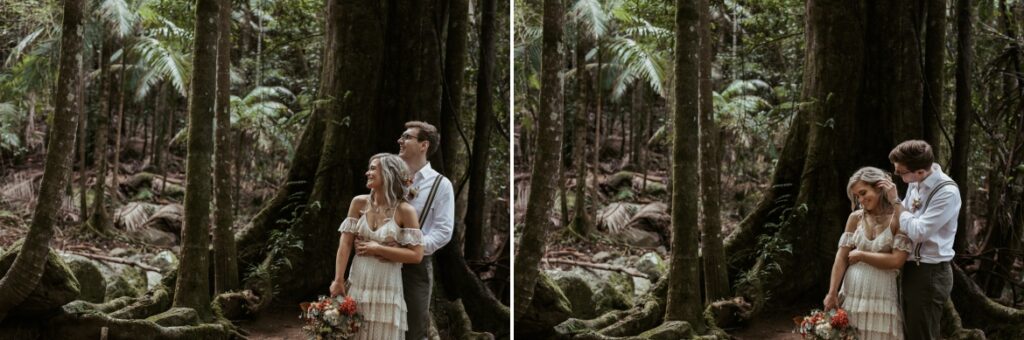 A cute moment with the bride and groom beneath the fig tree at crystal creek rainforest retreat. CCRR
