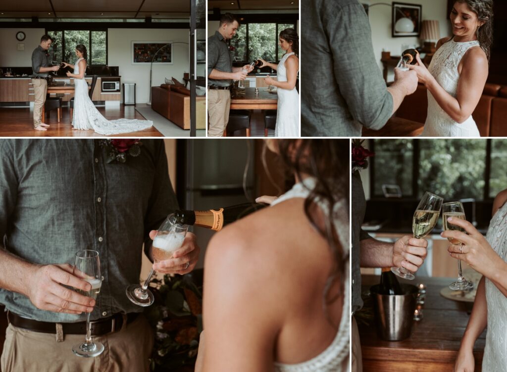 The happy couple sharing a bottle of champagne back at the springbrook mountain view lodge at Crystal creek rainforest retreat, NSW. CCRR