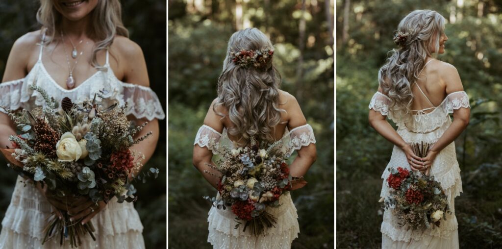 Detail photos of the brides hair, flower hair piece and bouquet at crystal creek rainforest retreat. CCRR