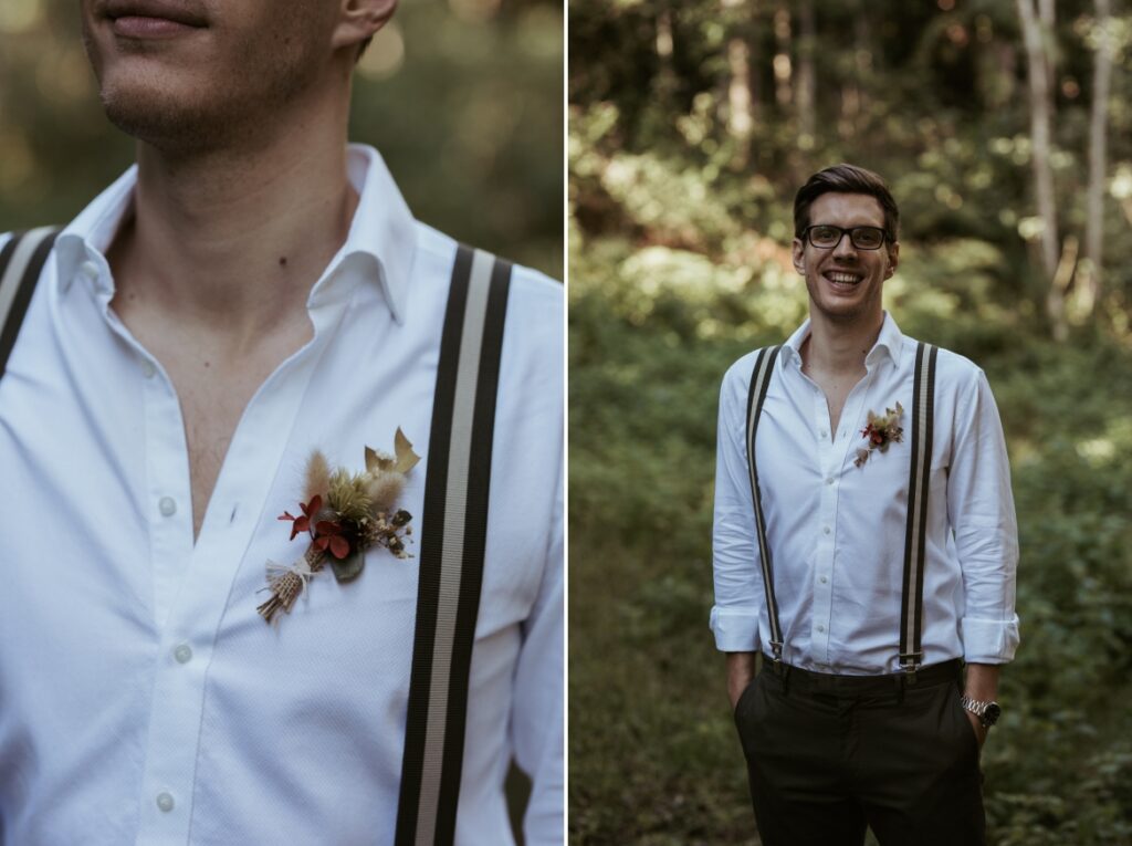 Detail photo of the grooms buttonhole on his shirt and a portrait of the groom.