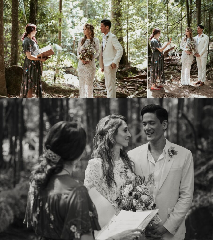 The couple share romantic looks at each other while the celebrant conducts the ceremony as the couple listen beneath the fig tree at crystal creek rainforest retreat. CCRR