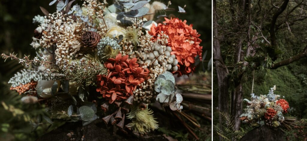 Wedding bouquet in tones of rust, neutrals and sage in the rainforest at crystal creek rainforest retreat. (CCRR)