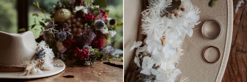 The brides wedding hat, wedding rings and bouquet at crystal creek rainforest retreat, NSW. CCRR