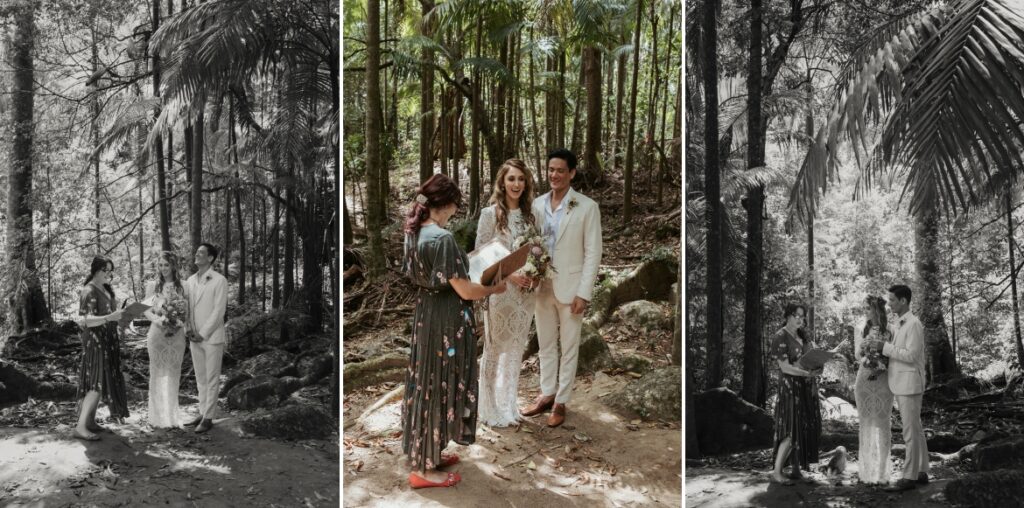 The celebrant conducts the ceremony for the couples elopement at crystal creek rainforest retreat. CCRR