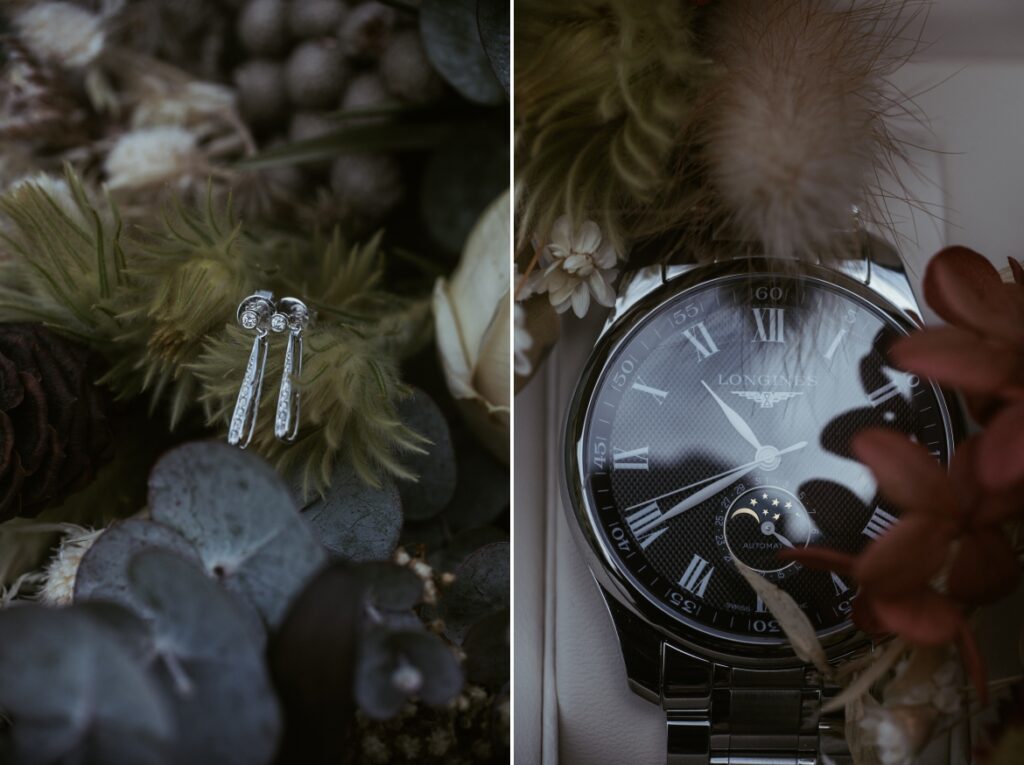 Close up of brides earrings photographed against the wedding bouquet and a close up of the groom longines watch