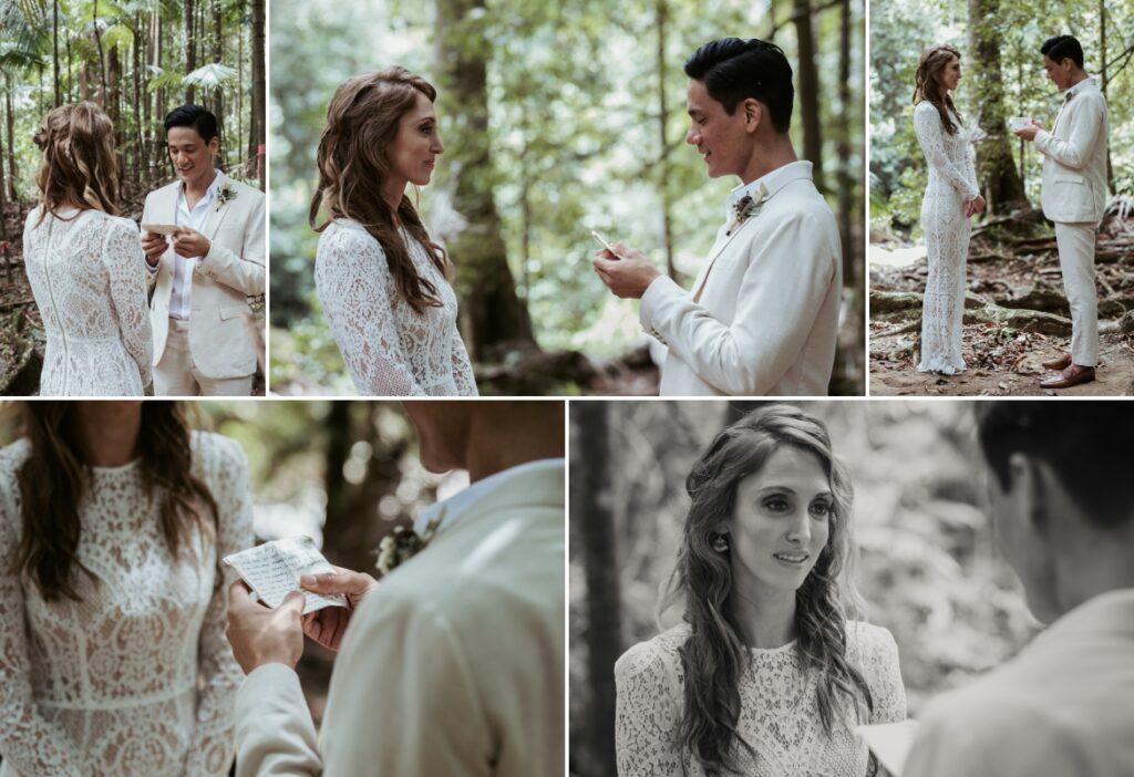 The bride and groom read their hand written vows to each other during the wedding ceremony at crystal creek rainforest retreat. CCRR