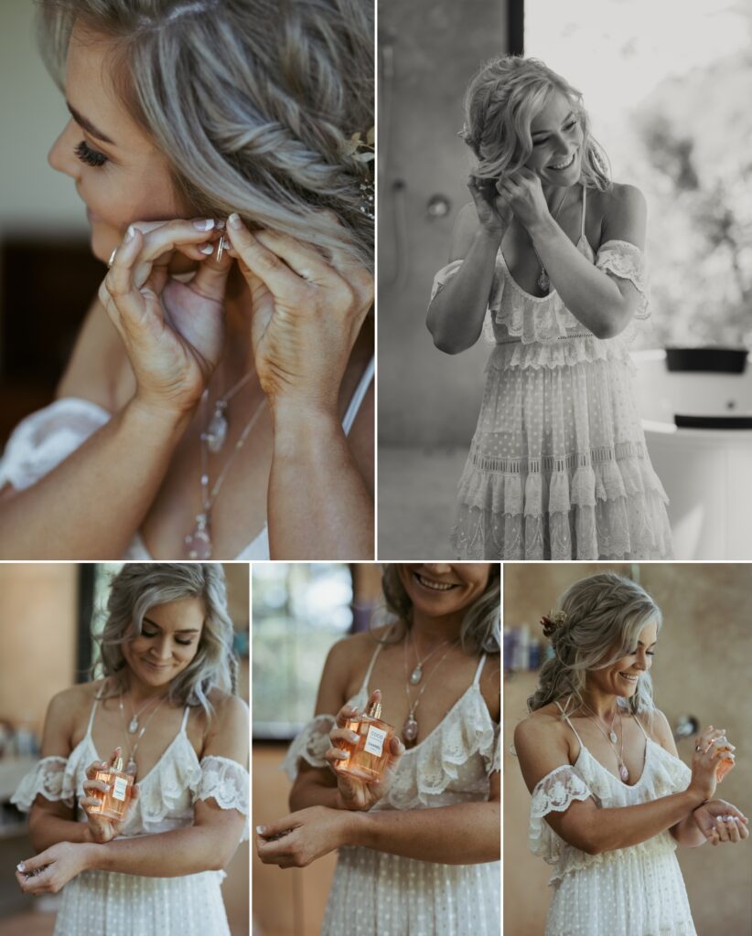 Detail photos of the bride putting on her earrings and applying her coco channel perfume at crystal creek rainforest retreat.
