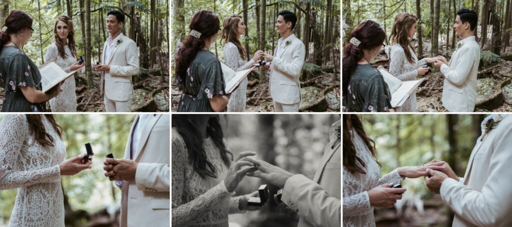 The bride and groom exchange wedding rings as the celebrant officiates the ceremony at crystal creek rainforest retreat. CCRR